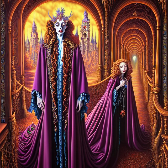 Image similar to beautiful oil painting, full length portrait of vampire dauphinois in baroque coronation robes 1701, Dan Mumford, Dan Mumford, Alex grey, hyacinthe rigaurd, highly detailed , lsd visuals, dmt fractal patterns, visionary art, psychedelic art, ornate, vaporwave, baroque, Greg rutkowski