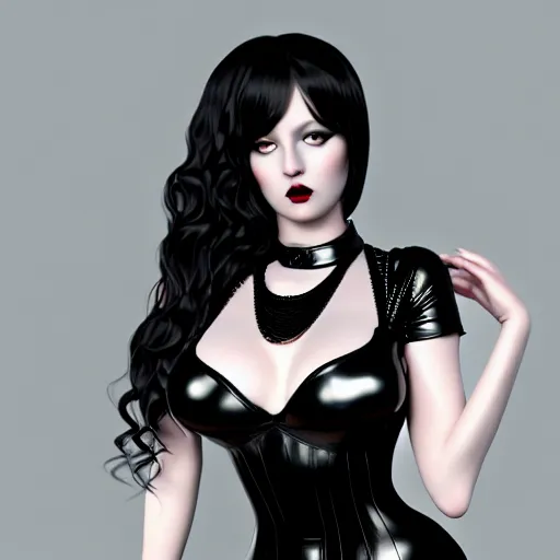 Image similar to curvy feminine goth woman with dignified elaborate tight black-silver nylon and latex gown, black choker necklace, inviting posture, photorealistic, cgsociety, sublime, 16k, smooth, sharp focus, ArtStation, hyperdetailed, volumetric lighting