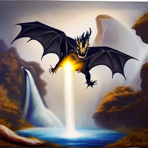 Prompt: oil painting of a dragon flying in the air near a cave with a waterfall in the center, light emanating from the waterfall leading to a big pool of water, dragon has black and white stripes, elegant, sharp focus, wide shot, clear, detailed, early renaissance