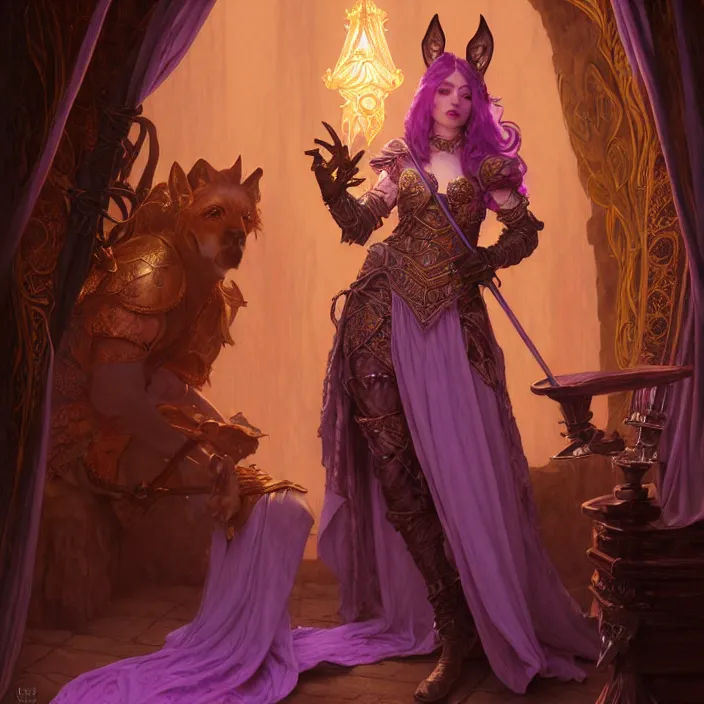 Image similar to veiled d & d bard with her lilac leather armor in a fantasy inn, volumetric lighting, fantasy, intricate, elegant, highly detailed, lifelike, photorealistic, digital painting, artstation, fox ears illustration, concept art, sharp focus, byalbert aublet and krenz cushart and artem demura and alphonse mucha