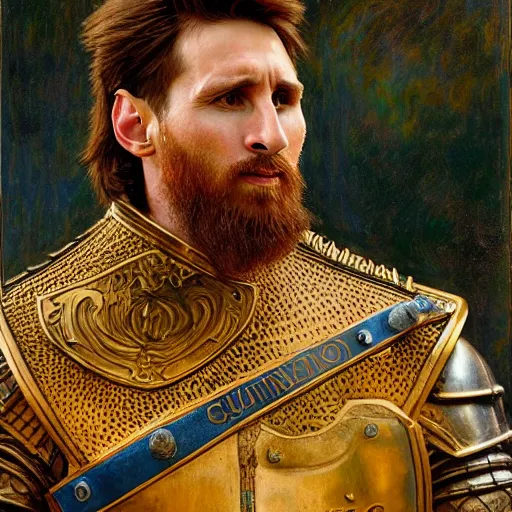 Image similar to attractive lionel messi as attractive king arthur pendragon, natural lighting, high quality, very detailed painting, by gaston bussiere, donato giancola, j. c. leyendecker