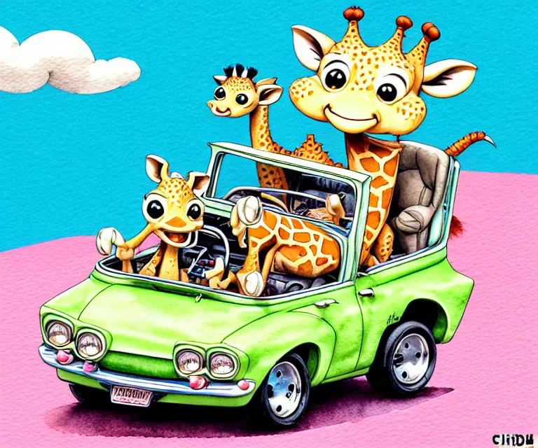 Image similar to cute and funny, baby giraffe riding in a tiny hot rod with oversized engine, ratfink style by ed roth, centered award winning watercolor pen illustration, isometric illustration by chihiro iwasaki, edited by range murata, tiny details by artgerm and watercolor girl, symmetrically isometrically centered