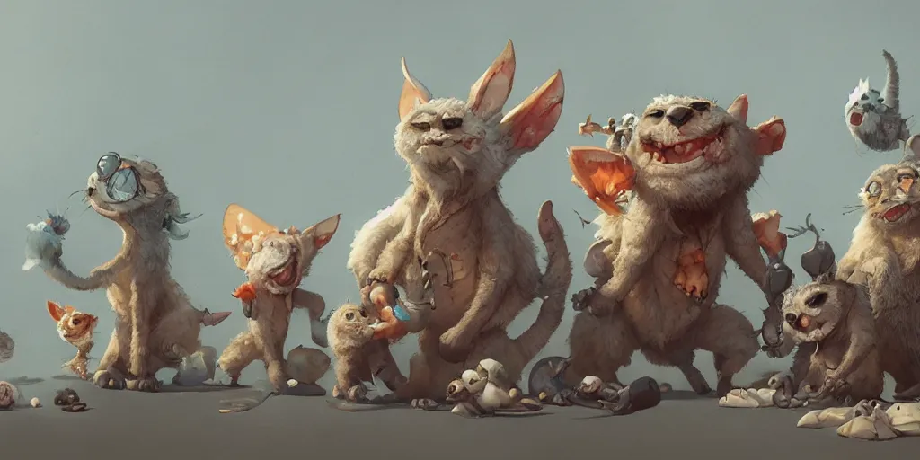 Prompt: Happy cute critters, Moebius, Kim Jung Gi, Greg Rutkowski, Zabrocki, Karlkka, Jayison Devadas, Phuoc Quan, trending on Artstation, 8K, ultra wide angle, pincushion lens effect