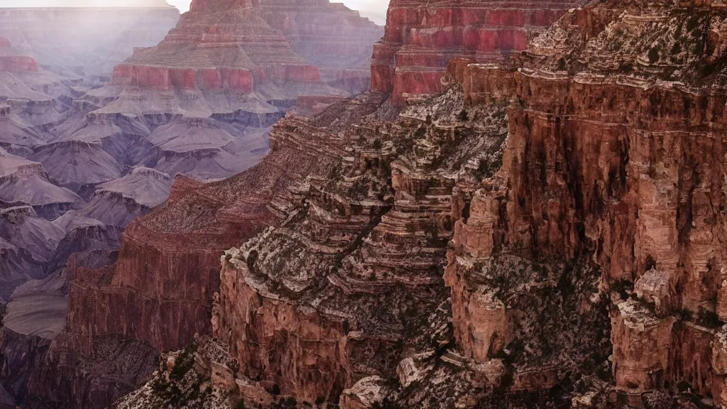 Image similar to an atmospheric film still by Ridley Scott featuring a dark gothic cathedral carved out of rock at the top of the grand canyon