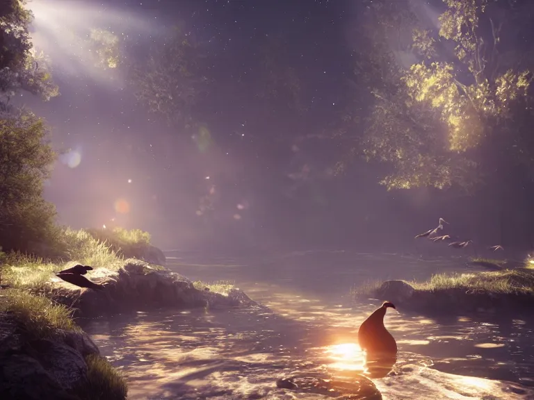 Image similar to geese dreaming of a place where love conquers all, 8 k, ultra realistic, lens flare, atmosphere, glow, detailed, intricate, full of colour, cinematic lighting, trending on artstation, 4 k, hyperrealistic, focused, extreme details, unreal engine 5, cinematic, masterpiece