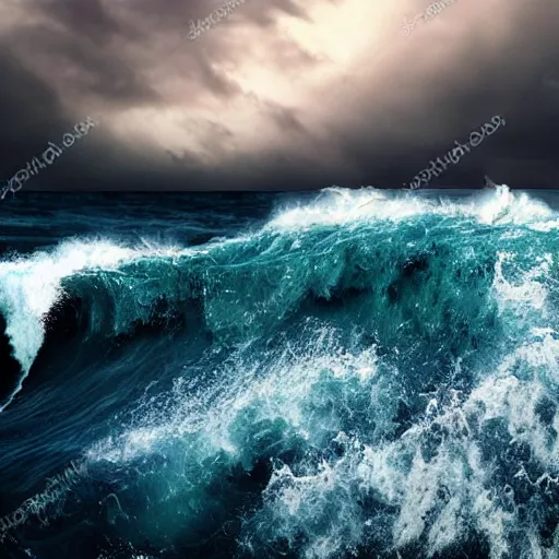 Image similar to tsunami wave in the middle of stormy ocean, photorealistic, cinematic