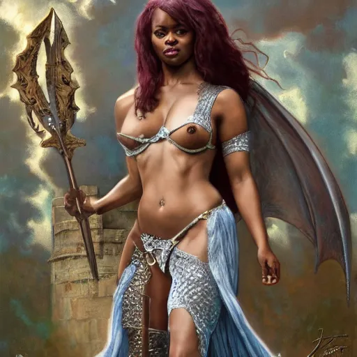 Prompt: A painting of Jada Fire as Daenerys Targaryen wearing a intricate silver thong and holding Excalibur ,by by Stanley Artgerm Lau, Greg Rutkowski, Thomas Kinade ,Alphonse Mucha, Loish, Norman Rockwell ,trending on artstation , rule of thirds ,HD 4k , focus face , body