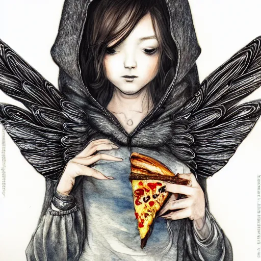 Prompt: portrait of a fairy girl, wearing a hoodie and sweatpants, symmetrical wings, wings made of pizza, basic white background, symmetrical, watercolor, pen and ink, intricate line drawings, by Yoshitaka Amano, Ruan Jia, Kentaro Miura, Artgerm, detailed, trending on artstation, hd, masterpiece,