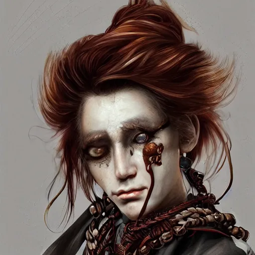 Image similar to portrait of a Shibari rope wrapped face and neck, headshot, insanely nice professional hair style, dramatic hair color, digital painting, of a old 17th century, old cyborg merchant, amber jewels, baroque, ornate clothing, scifi, realistic, hyperdetailed, chiaroscuro, concept art, art by Franz Hals and Jon Foster and Ayami Kojima and Amano and Karol Bak,