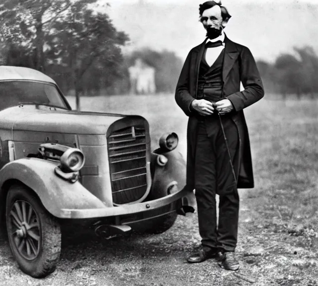 Prompt: black and white daguerreotype photograph of abraham lincoln standing next to his pt cruiser at gettysburg
