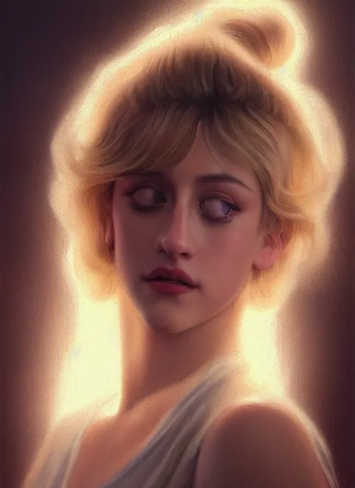 Image similar to portrait of lili reinhart with fluffy bangs, bangs, 1 9 6 0 s, ponytail, curly bangs and ponytail, rounder face, intricate, elegant, glowing lights, highly detailed, digital painting, artstation, concept art, smooth, sharp focus, illustration, art by wlop, mars ravelo and greg rutkowski