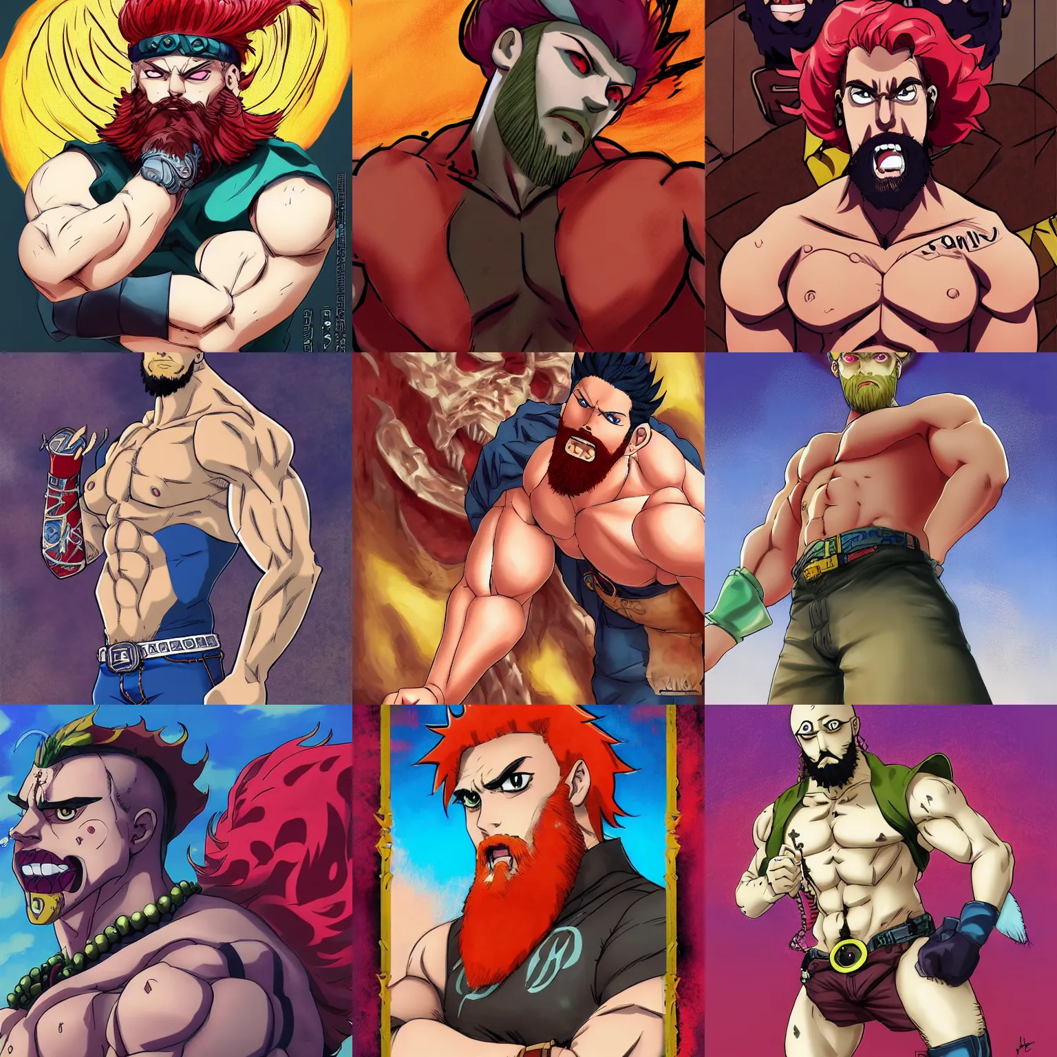 Prompt: angriestpat with red beard, bodybuilder posing, portrait, jojo cover art, jojo anime style, david production, style of vento aureo cover art, style of stone ocean cover art, style of steel ball run cover art, style of jojolion cover art, ilya kuvshinov style, illustrated by hirohiko araki