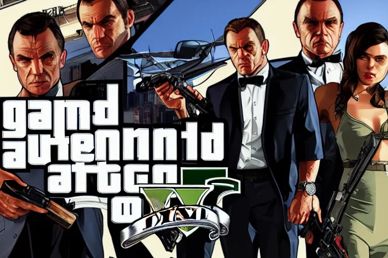 Image similar to GTA V cover art based on James Bond, starring 007 James Bond