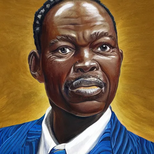 Image similar to a painting of a wide forehead, round face, XXL , smirky, fatherly, loving, caring, generous, ever-present, humble, wise elder from Kenya in a suit by Kehinde Wiley . Fatherly/daddy, focused, loving, leader, relaxed,. ethereal lights, details, smooth, sharp focus, illustration, realistic, cinematic, artstation, award winning, rgb , unreal engine, octane render, cinematic light, macro, depth of field, blur, red light and clouds from the back, highly detailed epic cinematic concept art CG render made in Maya, Blender and Photoshop, octane render, excellent composition, dynamic dramatic cinematic lighting, aesthetic, very inspirational, arthouse.