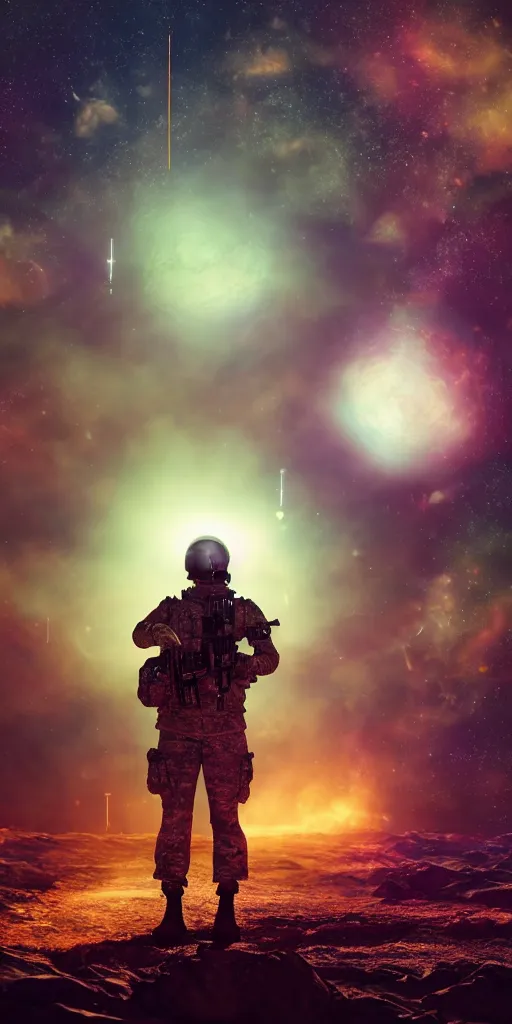 Prompt: high detail photo of a soldier holding an assault rifle floating in space inside magic colorful glowing sparkling fog, circular planet behind it, starry sky, tranquil, desolate, atmospheric, hazy, autochrome, 8k, reflections, octane render, unreal engine 5