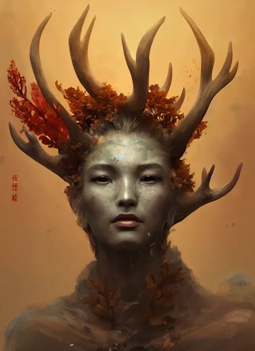 Image similar to Stone Head of a forgotten Deity, translucent mushrooms, antlers, layers of mushrooms, extremly detailed digital painting, in the style of Fenghua Zhong and Ruan Jia and jeremy lipking and Peter Mohrbacher, mystical colors, rim light, beautiful lighting, 8k, stunning scene, raytracing, octane, trending on artstation