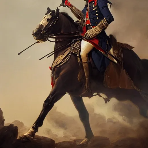 Image similar to a dramatic epic ethereal portrait of a general in French revolutionary wars, 18th century,, full body with dynamic pose, male, detailed face, cinematic lighting, highly detailed oil on canvas painting by Greg Rutkowski, winning-award digital art trending on Artstation H 1024 W 832