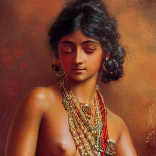 Image similar to detailed potrait 8 0 s srilankan girl with tatoos all over body in baroque style, girl graceful,, painting by gaston bussiere, craig mullins, j. c. leyendecker, lights, art by ernst haeckel, john william godward, hammershøi,,