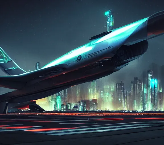 Image similar to futuristic sci fi jet lands at runway of cyberpunk city, night photo ,dark cinematic lighting , digital concept art