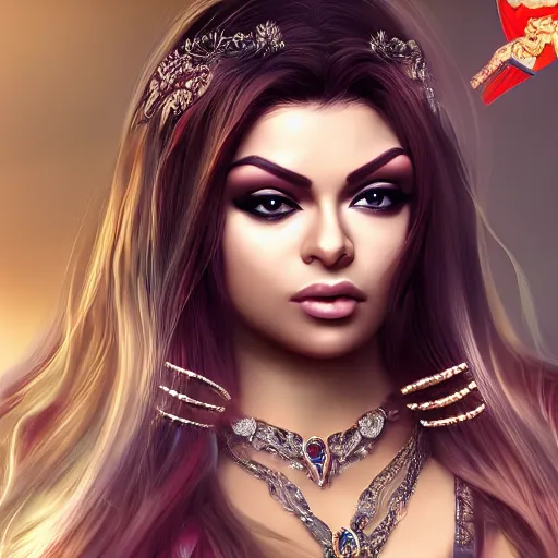 Image similar to portait princess haifa wehbe, centred, very long hair, hd, unreal engine, art digital painting, final fantasy style, amazing background theme