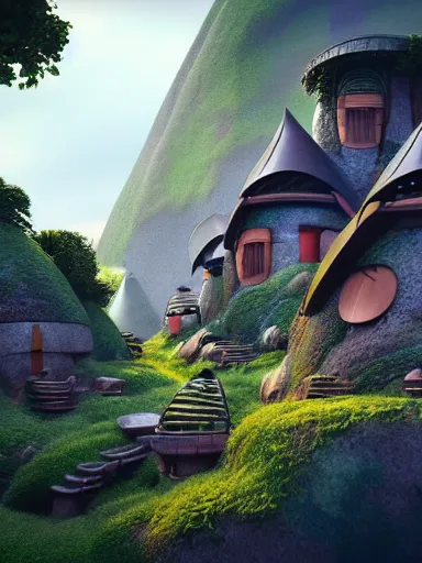 Image similar to futuristic hobbit town in the style of miyazaki, realistic lighting, octane render, beautiful weather, 8 k,