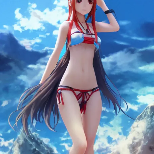Image similar to seen from above : a giant macro very beautiful young yuuki asuna, full body, long wavy hair, sky blue eyes, full round face, bikini, miniskirt, standing in the middle of a miniature crowd, cinematic wallpaper by stanley artgerm lau