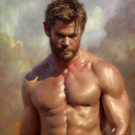 Image similar to Chris Hemsworth with a hairy shredded body type, painting by Gaston Bussiere, Craig Mullins