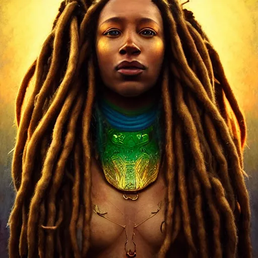 Image similar to realistic portrait of rasta woman with dreads in armor, atmospheric lighting, painted, intricate, volumetric lighting, beautiful, rich deep colors masterpiece, golden hour, sharp focus, ultra detailed, by Leesha Hannigan, Ross Tran, Thierry Doizon, Kai Carpenter, Ignacio Fernández Ríos
