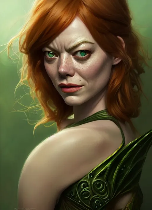 Image similar to portrait of emma stone as a goblin, d & d, muscular! green, fantasy, intricate, elegant, highly detailed, digital painting, artstation, concept art, smooth, sharp focus, illustration, art by artgerm and greg rutkowski and alphonse mucha