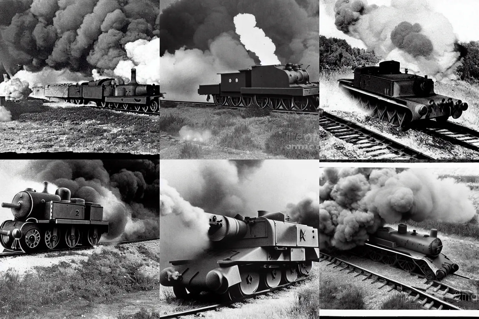 Prompt: WW2 era photograph of Thomas-the-tank-engine as 800mm German rail artillery Dora firing off a shot