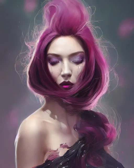 Prompt: a highly detailed image of A beautiful woman, in professional makeup, with medium length magenta hair covering an eye, and a tall tree, and large obsidian crystals, cinematic lighting, dramatic atmosphere, by Dustin Nguyen, Akihiko Yoshida, Greg Tocchini, Greg Rutkowski, Cliff Chiang, 4k resolution, trending on artstation