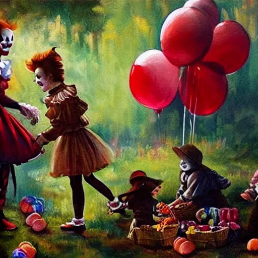 Prompt: A beautiful painting of pennywise giving candy to children