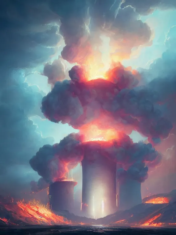 Image similar to photo of 8k ultra realistic nuclear power plant on fire, pylons, heavy swirling cloud, full of colour, cinematic lighting, battered, trending on artstation, 4k, hyperrealistic, focused, extreme details,unreal engine 5, cinematic, masterpiece, art by Peter Mohrbacher