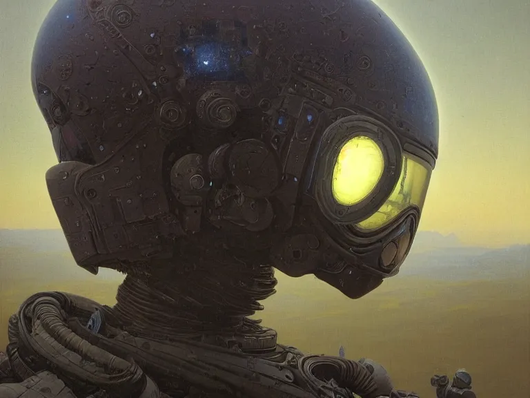 Prompt: a detailed profile oil painting of a humanoid soldier on an alien landscape with reflective visor, flight suit, portrait symmetrical and science fiction theme with aurora lighting by beksinski carl spitzweg and tuomas korpi. baroque elements, full-length view. baroque element. intricate artwork by caravaggio. Trending on artstation. 8k