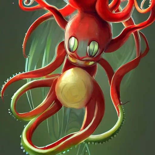 Image similar to a cute beautiful plant type pokemon with beautiful happy smile, red tentacles bursting out of his hair, full body portrait, highly detailed digital art, 3 d perspective, award - winning illustration, aesthetic, smooth, pokemon style, made by greg rutkowski, with an alien landscape in the background