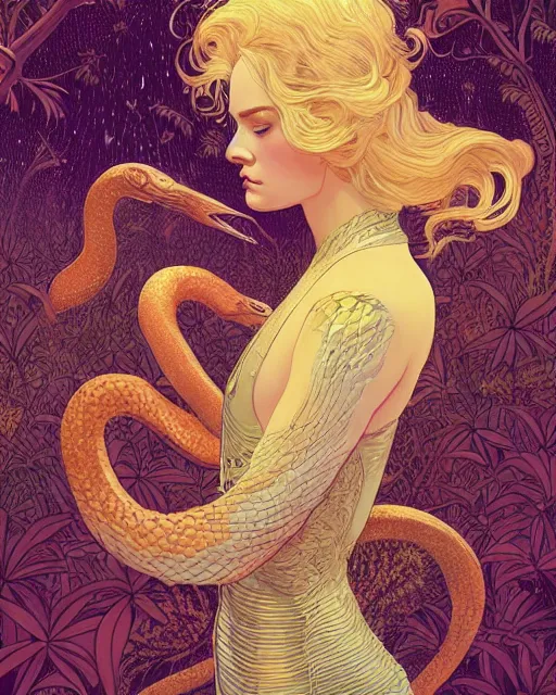 Image similar to a beautiful maiden with golden hair growing scales and sharp claws like a serpentine, digital art, illustrated by james gurney and victo ngai