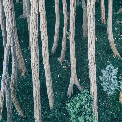 Prompt: a forest of trees made out of stone, blue tentacles