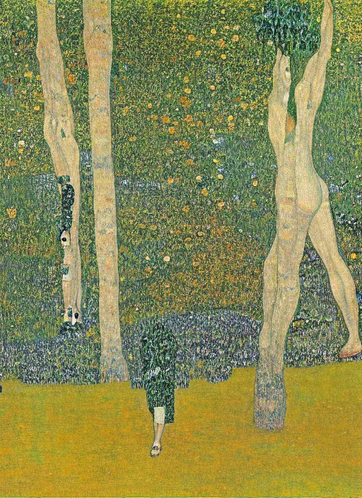 Prompt: a landscape painting of a cognitive optical illusion of trees, with four people who are trees in the foreground making extreme dynamic poses painted by gustav klimt, leonardo davinci