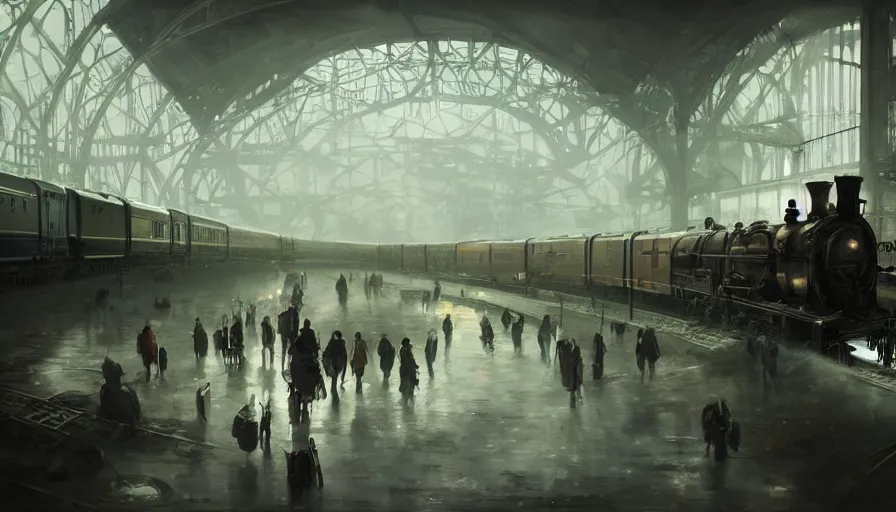 Image similar to Dieselpunk railway station, anamorphic lens, steam, epic composition, intricate, elegant, volumetric lighting, digital painting, highly detailed, artstation, sharp focus, illustration, concept art, ruan jia, steve mccurry