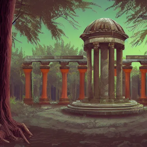 Prompt: roman structure in the forest, epic retrowave art, trending on art station