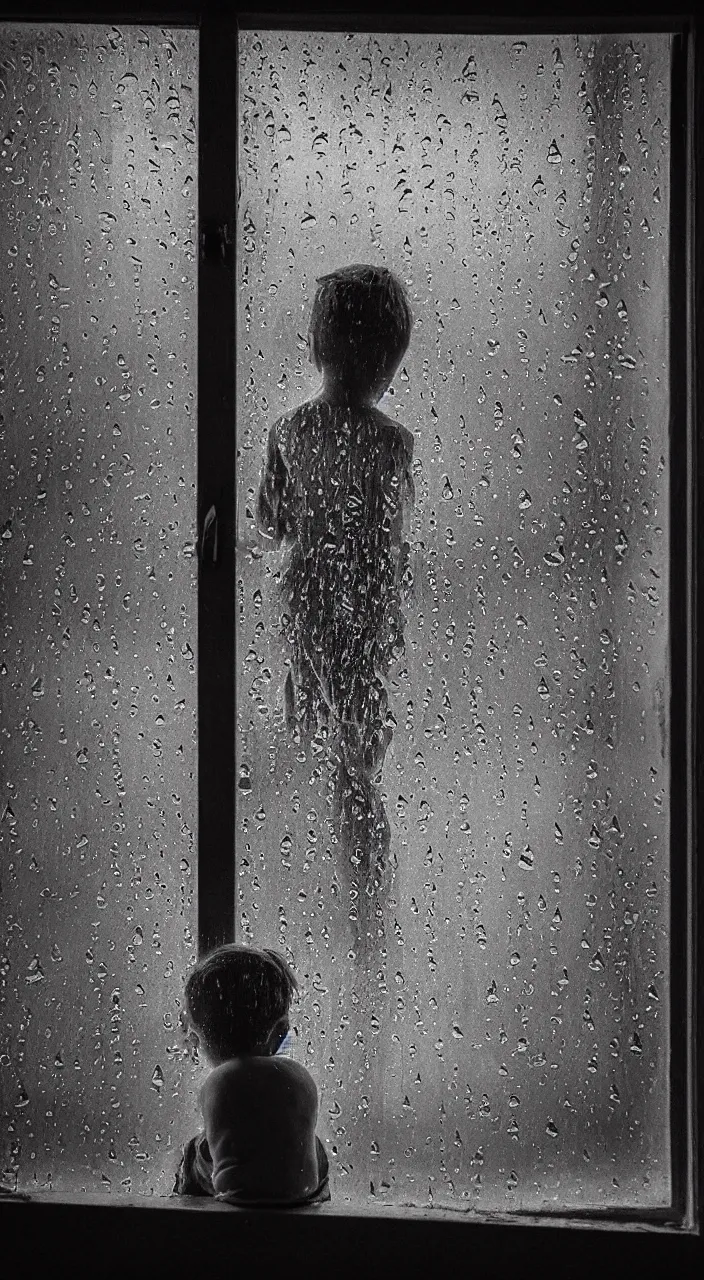 Image similar to the boy looks at the rain through the window, creepy atmosphere,