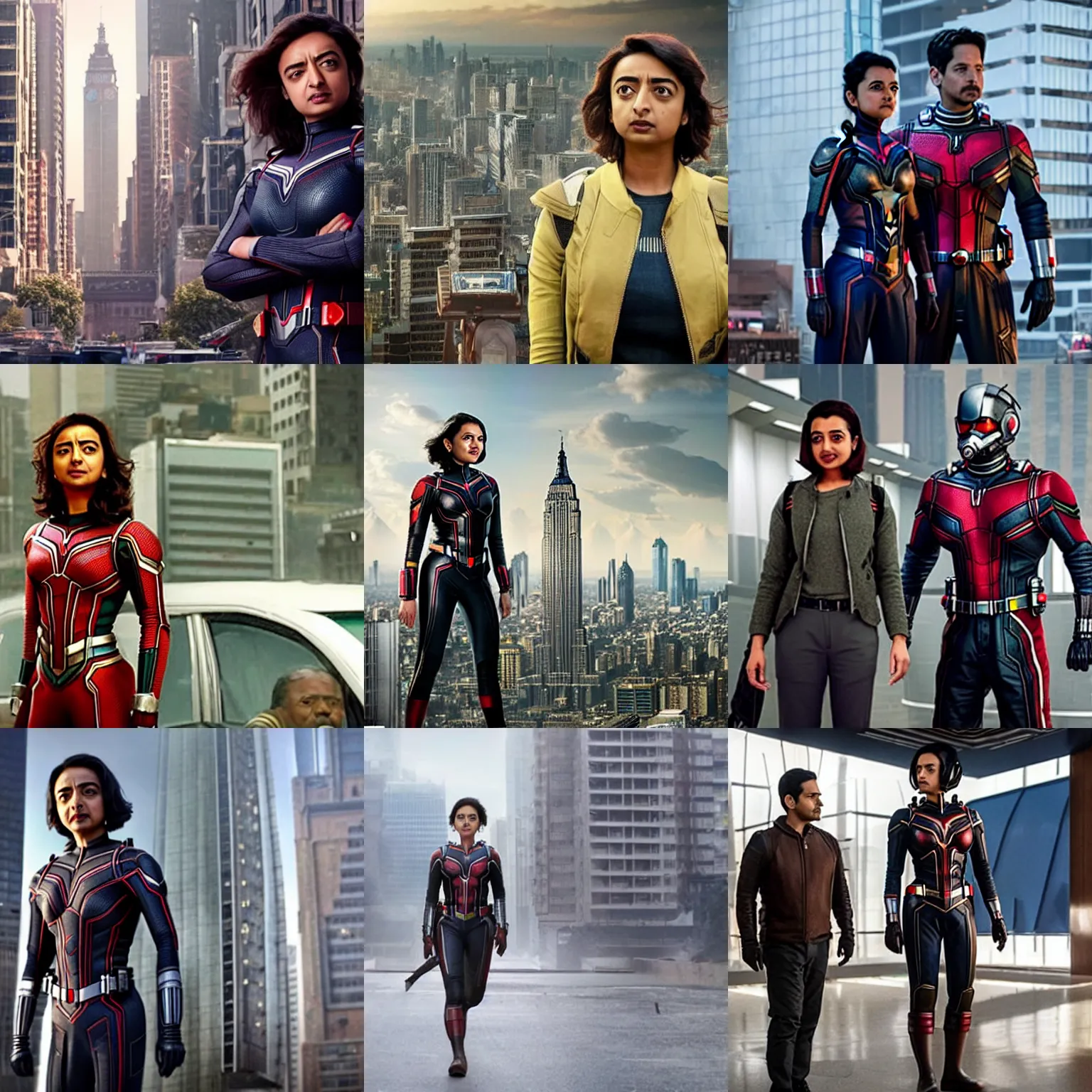 Prompt: Radhika Apte grows to an enormous size and towers over a city, film still from 'Ant-Man and the Wasp'