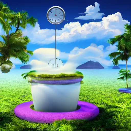 Image similar to a clock floating on an floating island, there are clouds around, it is on earth, on the background there are other floating islands too, floating at the ozone layer, cartoony, 4 k resolution, award winning