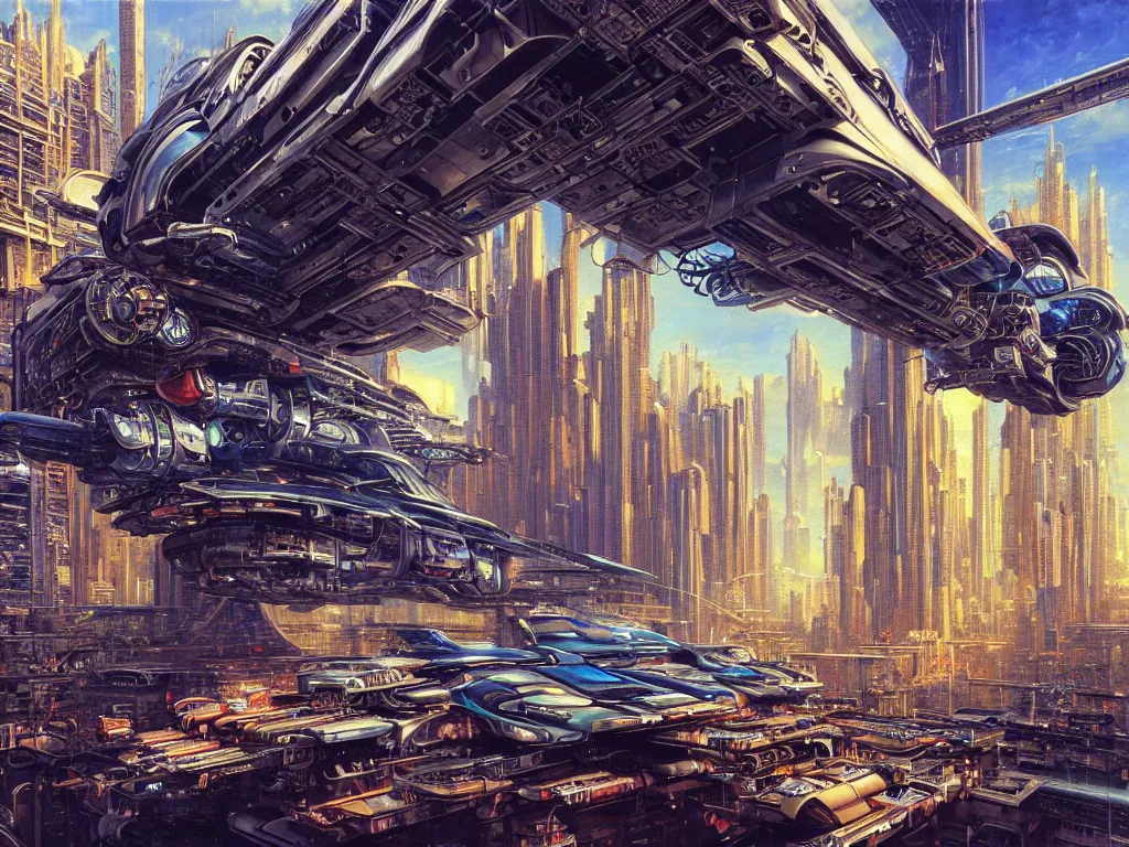 Prompt: hyperrealistic painting of a slice of life from a futuristic city, mechanical designs, futuristic vehicles, technological, elegant, meticulous, cinematic, cyberpunk style, highly detailed, realism, intricate, acrylic on canvas, 8 k resolution, concept art, by noriyoshi ohrai, gustave moreau, moebius