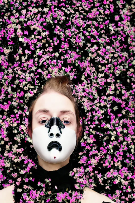 Image similar to a surreal portrait of a woman wearing gas mask blending into a wall of black flowers in the style of brooke didonato, editorial fashion photography from vogue magazine, full shot, nikon d 8 1 0, ƒ / 2. 5, focal length : 8 5. 0 mm, exposure time : 1 / 8 0 0, iso : 2 0 0