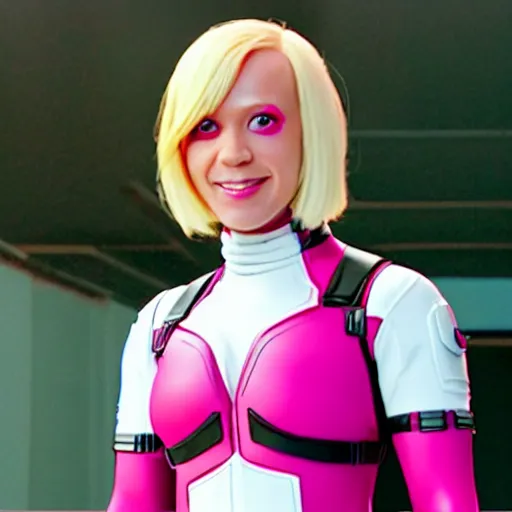 Image similar to A still of Gwenpool in Deadpool 3 (2023), blonde hair with pink highlights, no mask, white and light-pink outfit, smiling and winking at the camera