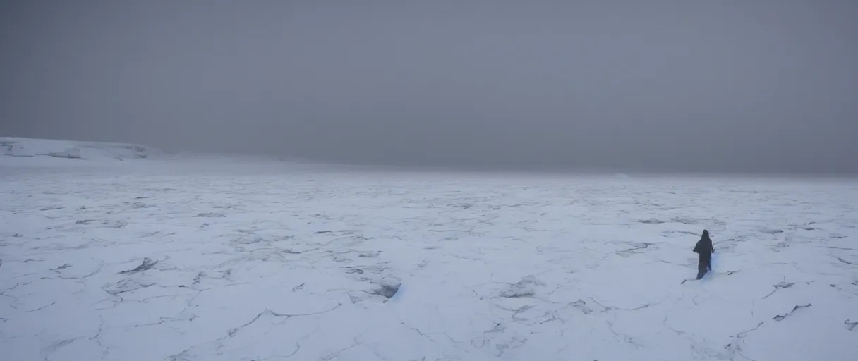 Prompt: a high quality color closeup hd 4 k film 3 5 mm photograph of very heavy snow blizzard in desolate antarctica, the faint barely visible silhouette of a bulky man is inside the blizzard