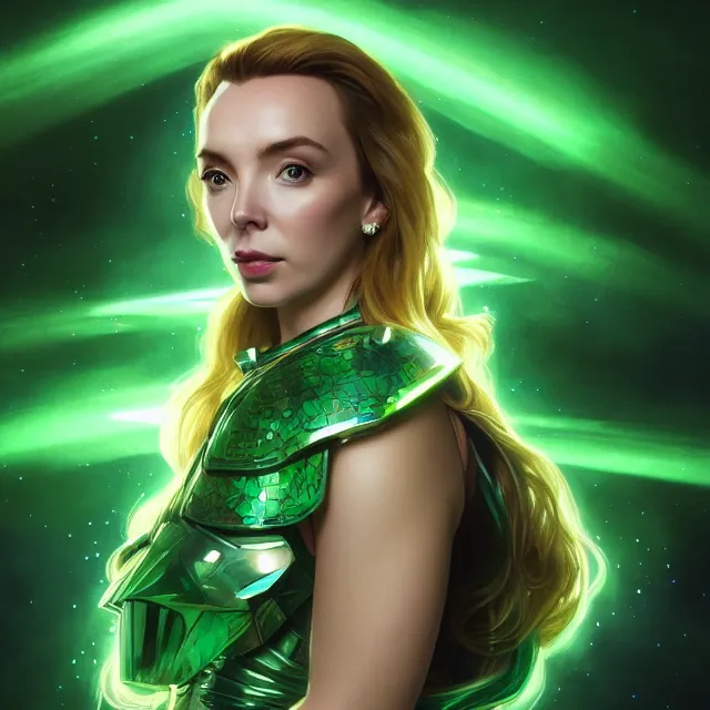 Prompt: close up portrait of jodie comer wearing shiny emerald armor, glowing blonde hair, glowing green eyes, glowing green armor, subsurface scattering, ethereal, artistic, temple background with light rays, fantasy atmosphere. art by artgerm, greg rutkowski and alphonse mucha, 3 d artstation octane render,