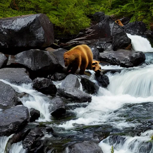 Image similar to dozens!!! of bears!!! catching salmon on a small waterfall in alaska, detailed, wide angle, 4 k