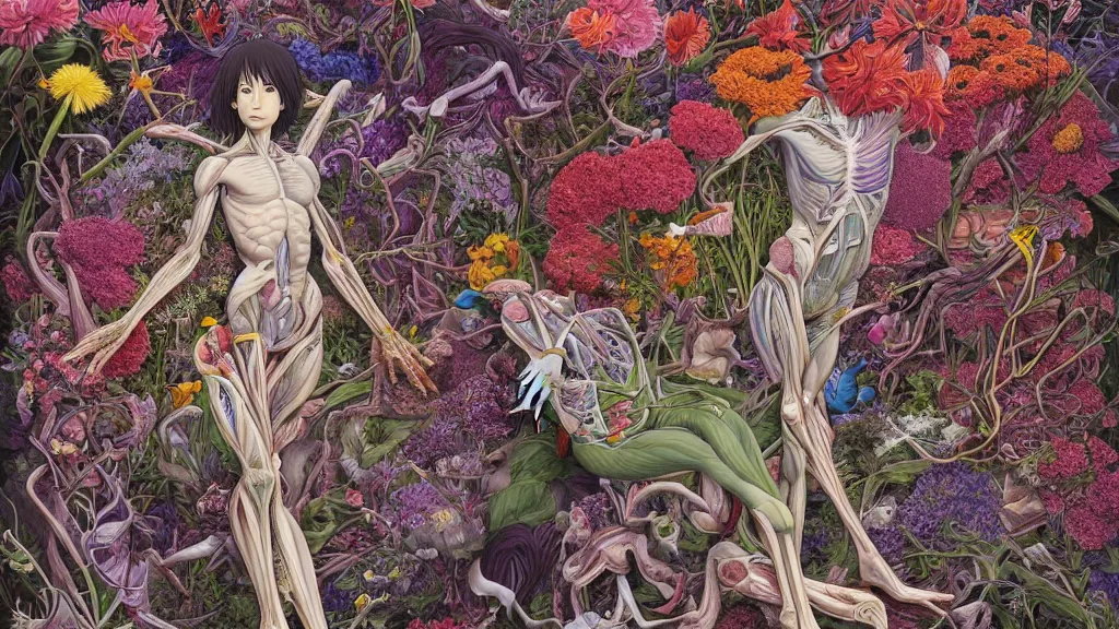 Image similar to highly detailed illustration of a human anatomy body exploded by all the known species of flowers by juan gatti, by makoto shinkai, by moebius!, by oliver vernon, by joseph moncada, by damon soule, by manabu ikeda, by kyle hotz, by dan mumford, by kilian eng